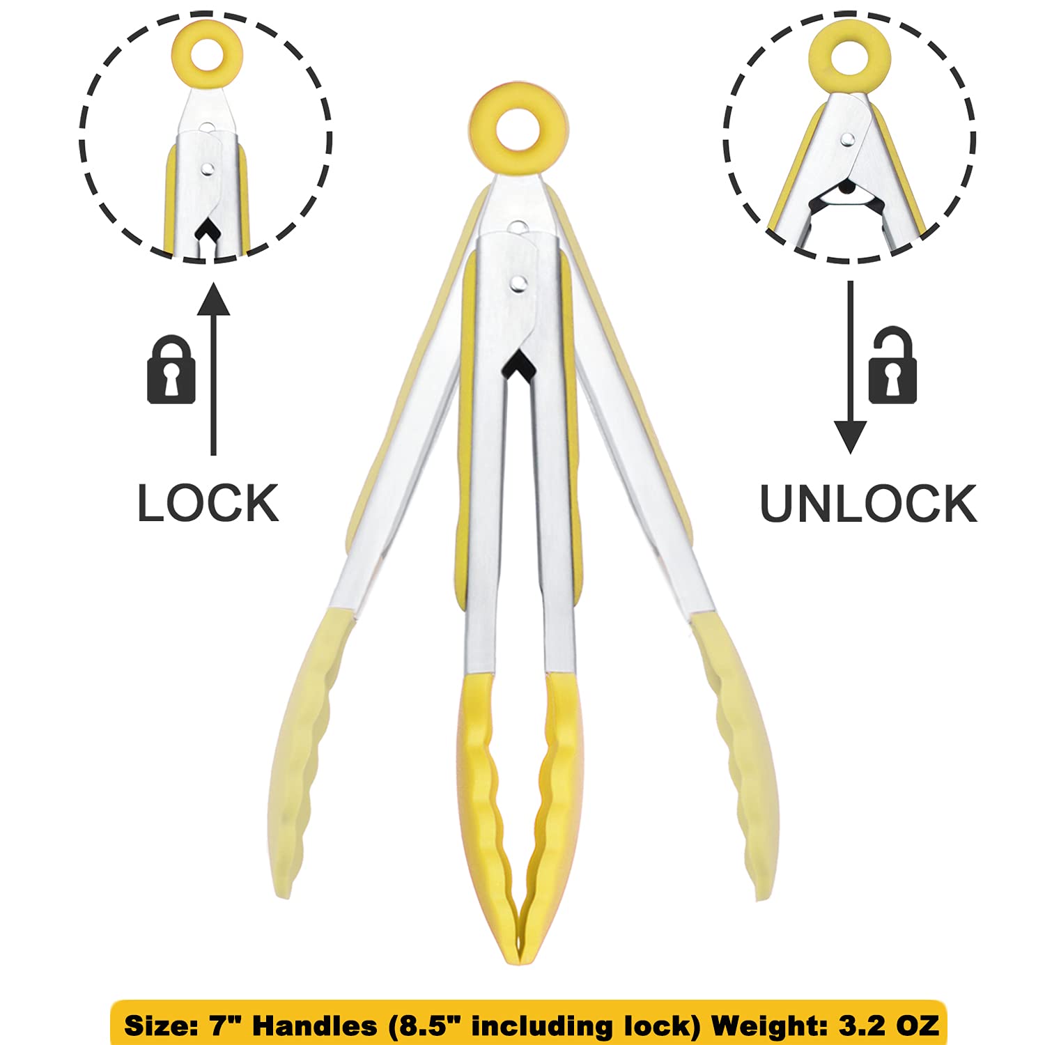 Hinmay Small Appetizer Tongs 7-Inch Silicone Tipped Kitchen Tongs, Set Of 3 (Yellow)