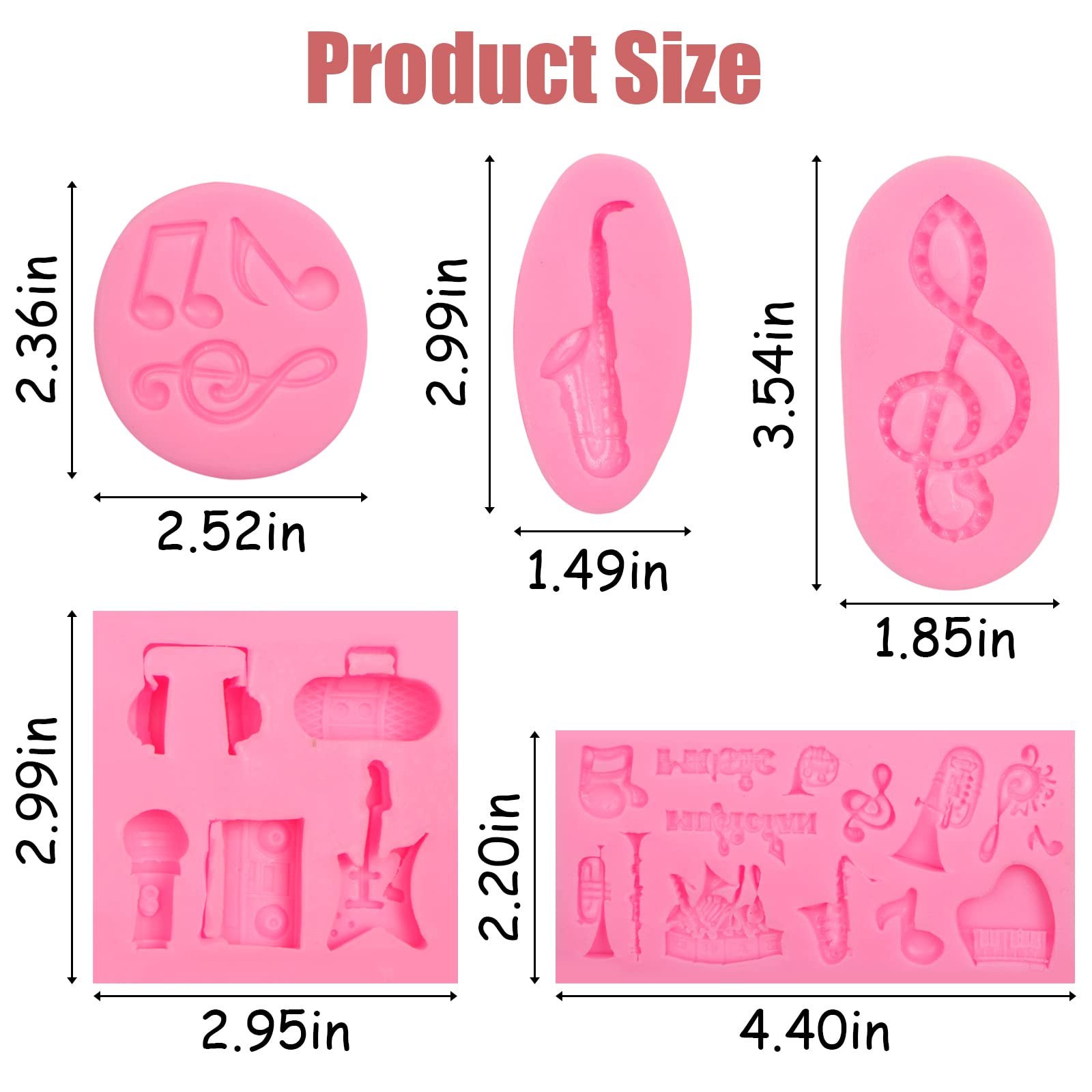 Music Note Fondant Mold 4 Pcs, Musical Instruments Chocolate Silicone Mold Piano Saxophone Boombox Microphone Radio Guitar Mold