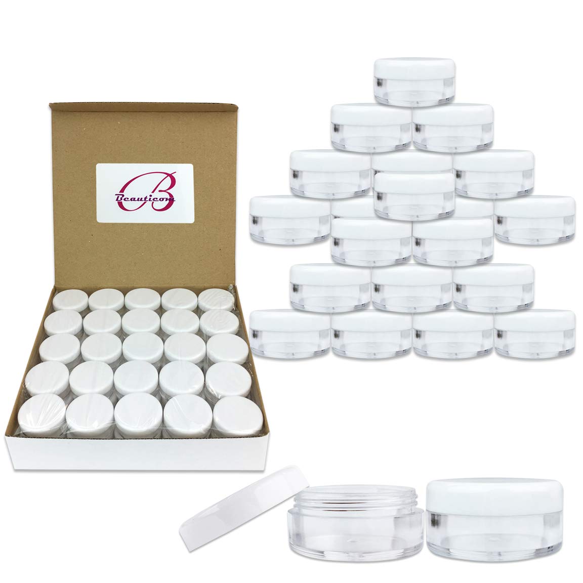(Quantity: 100 Pieces) Beauticom 5G/5Ml Round Clear Jars With White Lids For Acrylic Powder, Rhinestones, Charms And Other Nail