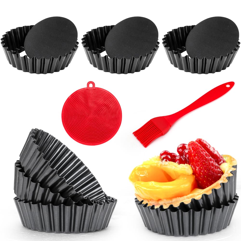 Quyimy 8 Pack Mini Tart Pans 4 Inch with Removable Bottom Round Nonstick Quiche Pan, 1.2 Inch Deep Mini Pie Pans with Oil Brush&