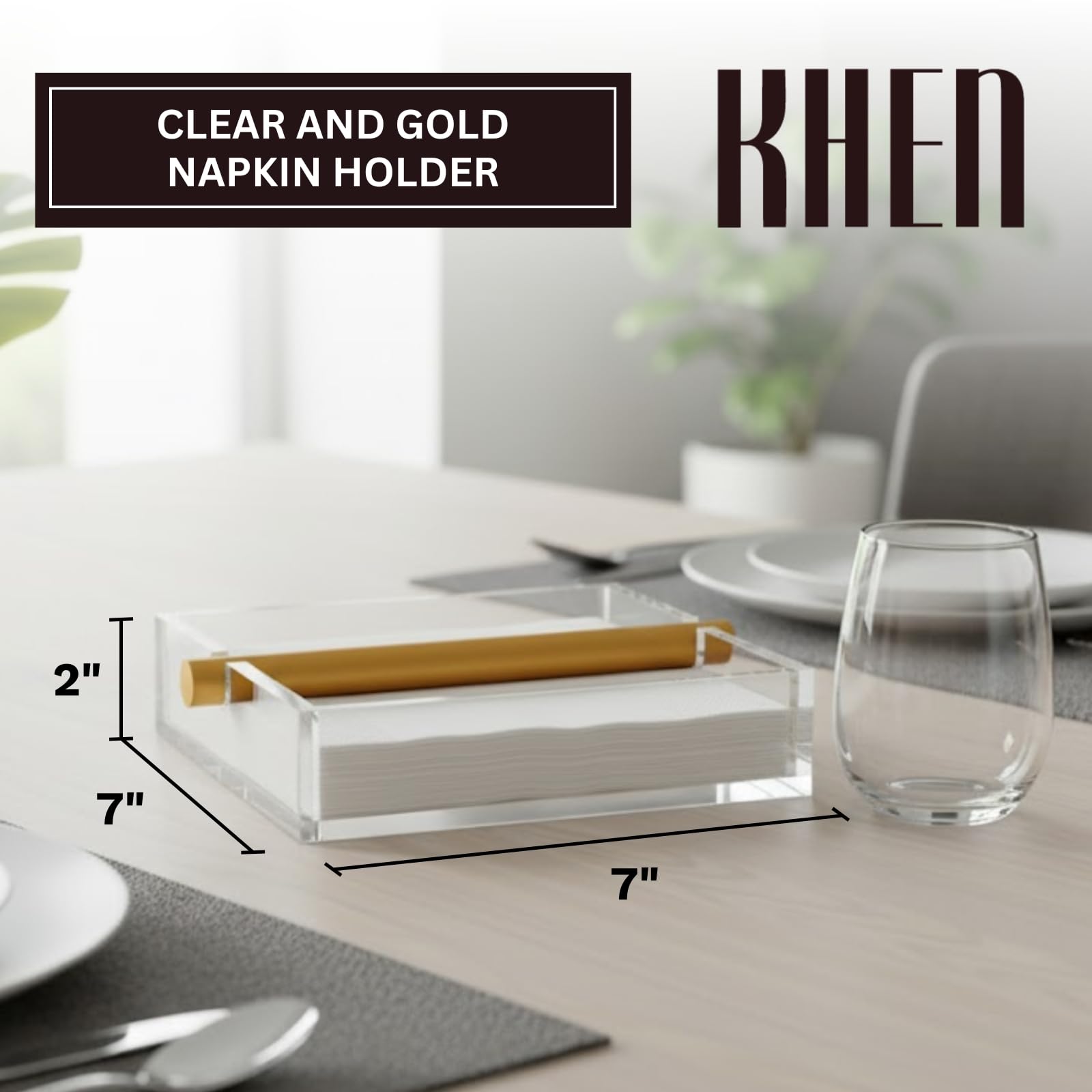 Clear & Gold Napkin Holder – 7"x 7" Square Design | Modern Table Decor