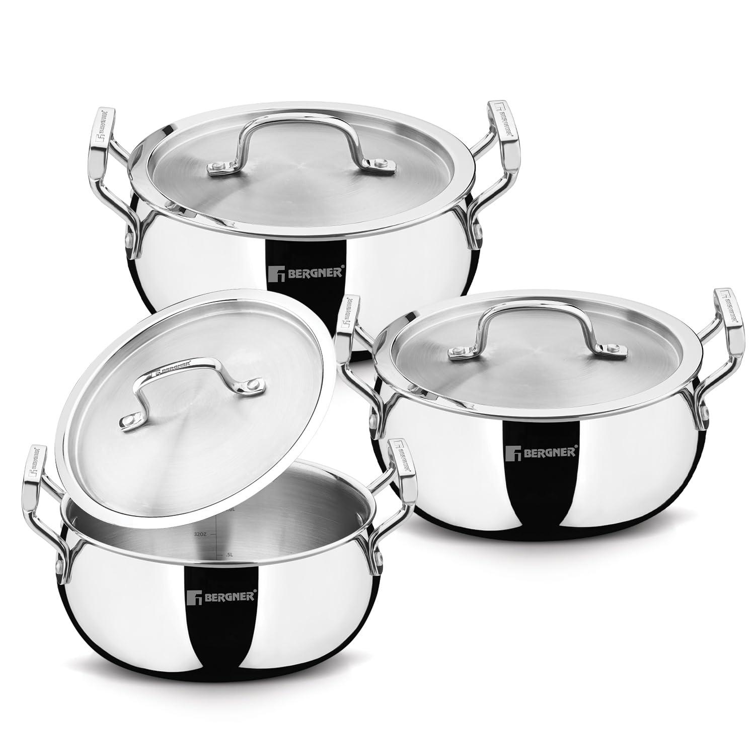 Bergner Tripro Triply Stainless Steel 6 Pcs Set Belly Shape Casserole With Lid - 16Cm/1.9L, 18Cm/2.3L, 20Cm/3L Biryani Handi, He