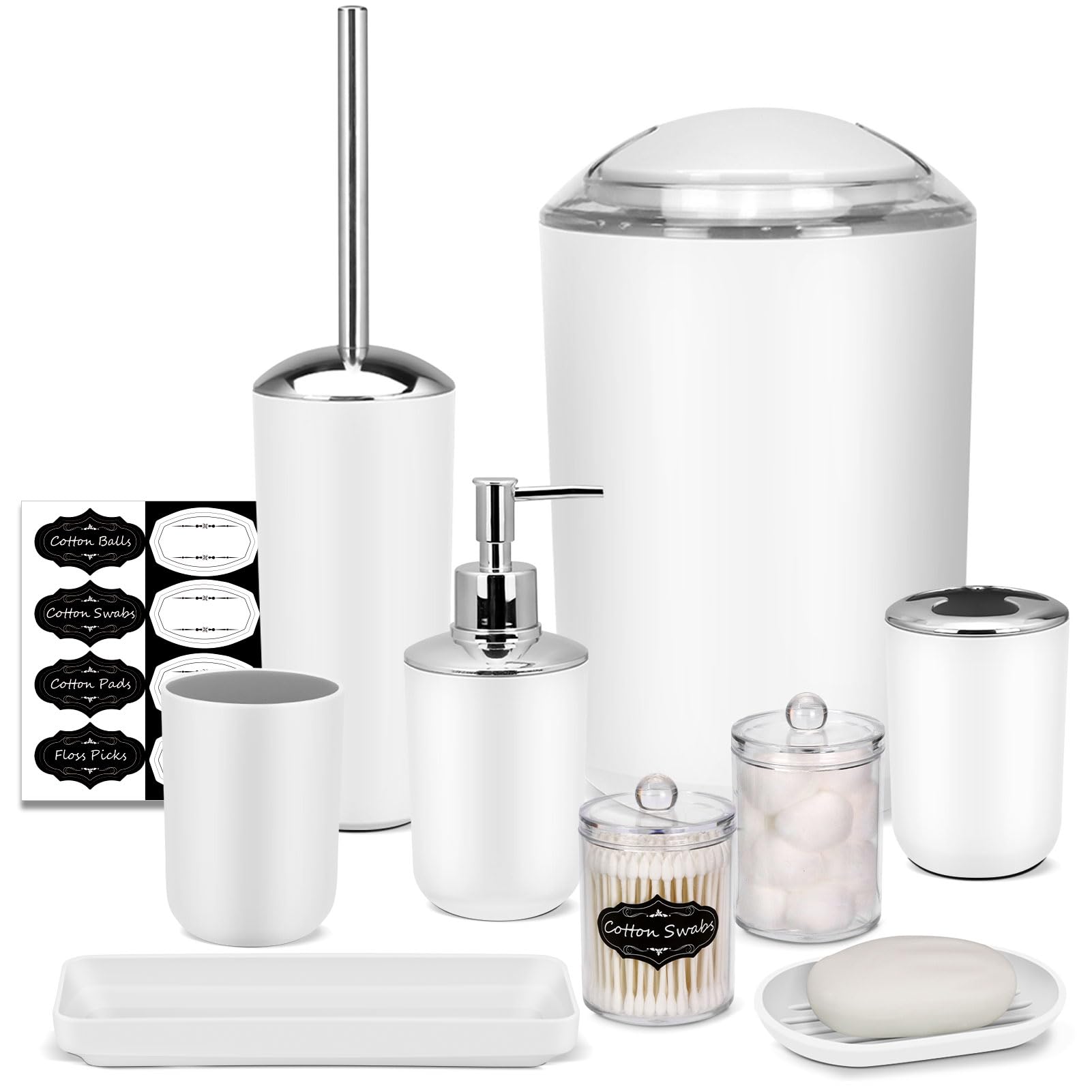 Imavo Bathroom Set - 9 Pcs White Bathroom Accessories Set With Trash Can,Tray,Soap Dispenser,Soap Dish, Toothbrush Holder,Toothb