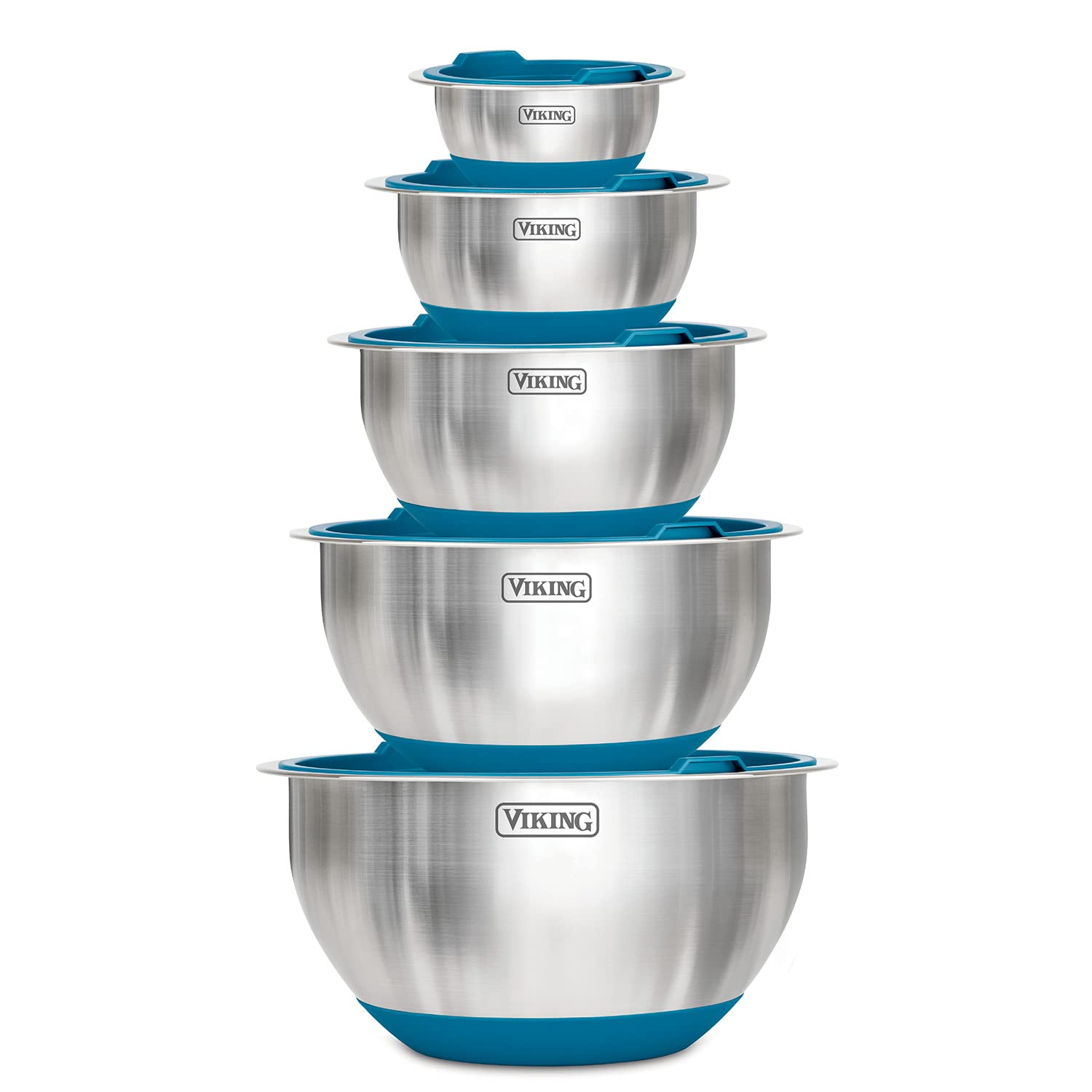 Viking Culinary Stainless Steel Mixing Bowl Set, 10 Piece, Non-Slip Silicone Base, Includes Airtight Lids, Dishwasher Safe, Teal