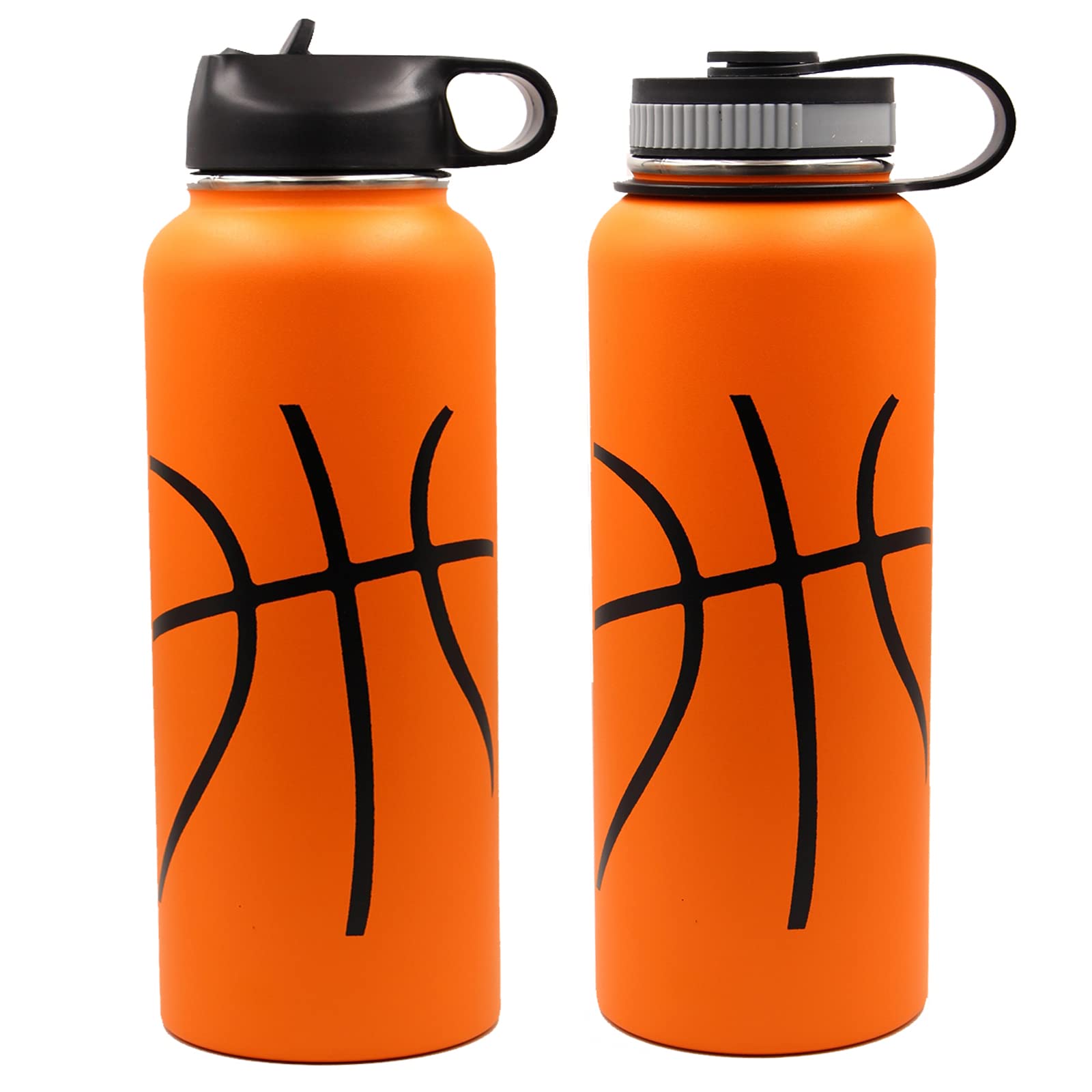 40 Oz Basketball Water Bottle, Flask Sports With 2 Lids 18/8 Stainless Steel Travel Tumbler Double Wall Vacuum Insulated Hot/Col