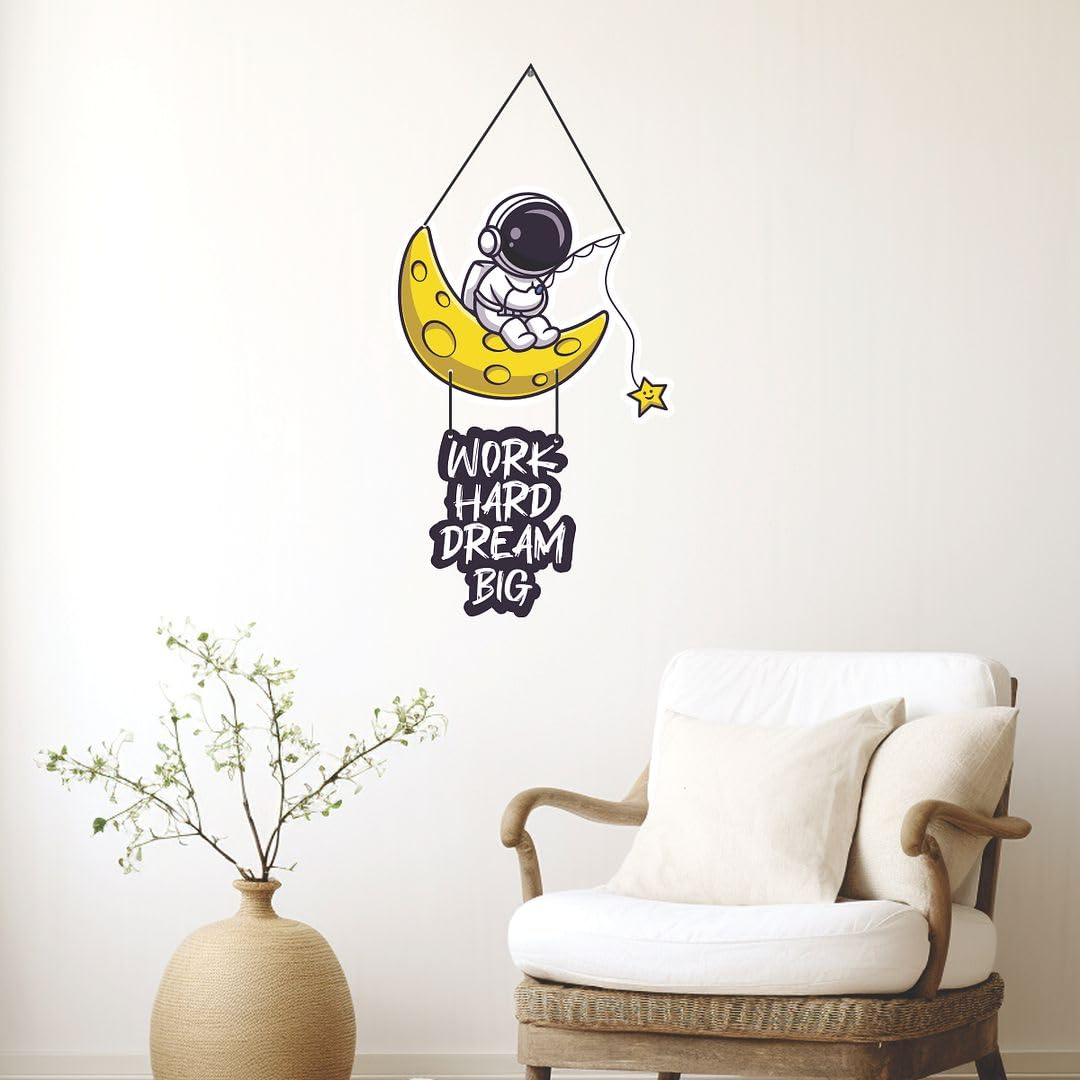 Cvanu Work Hard Dream Big & Little Astronaut Space Theme Wooden Wall Hanging Board For Wall Decoration (23Inchx11.8Inch)_S283