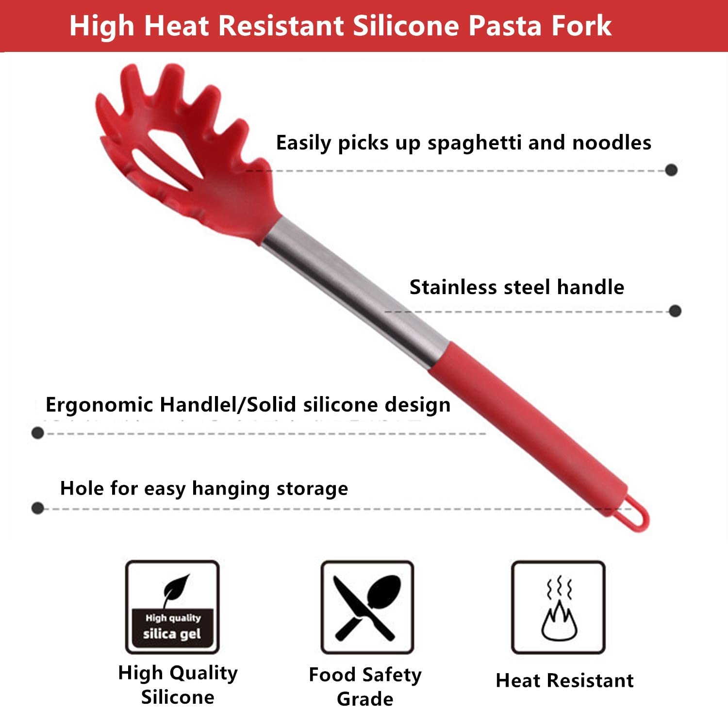 Jxjyzln Silicone Pasta Fork,Spaghetti Spoon Kitchen High Heat Resistant Noodle Spoon Server,Food Grade Pasta Spoon With Stainles