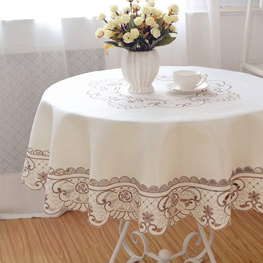 AMZALI Round Table Cloth Flower Embroidered Tablecloth Wrinkle Free & Stain Resistant Fabric Table Cover for Kitchen Dinner (60 inch)
