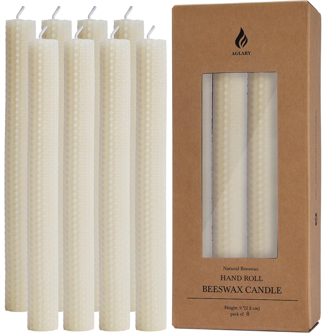 8PCS 9 Hand-Rolled Beeswax Taper Candles, Real Pure Beeswax, Handmade Honeycomb Candles, Flat Top, Cream