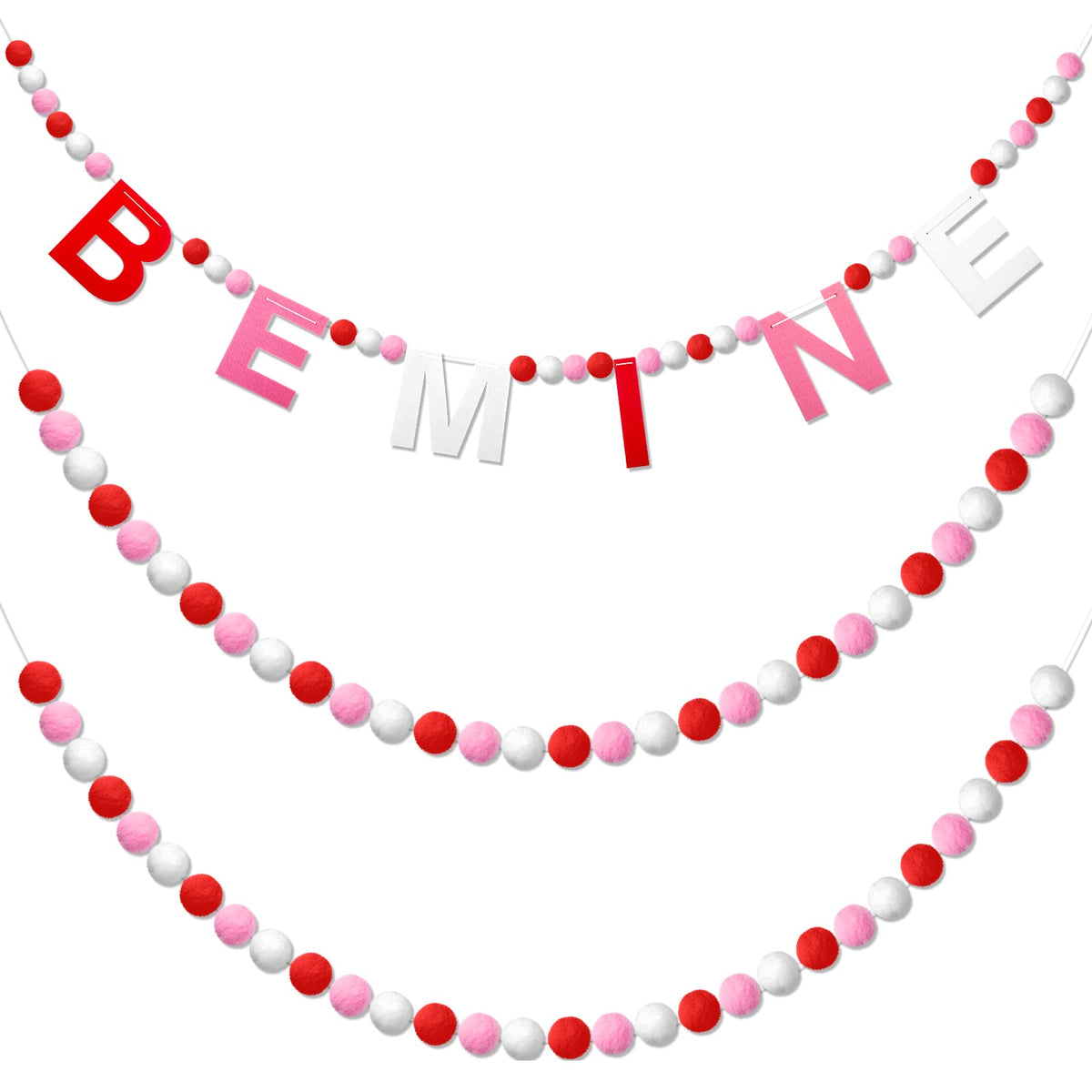 Breling 3 Pieces Valentine'S Day Garland Felt Ball Garland, 10Ft Pompom Garland Valentines Decorations Banner For Mantle Firepla