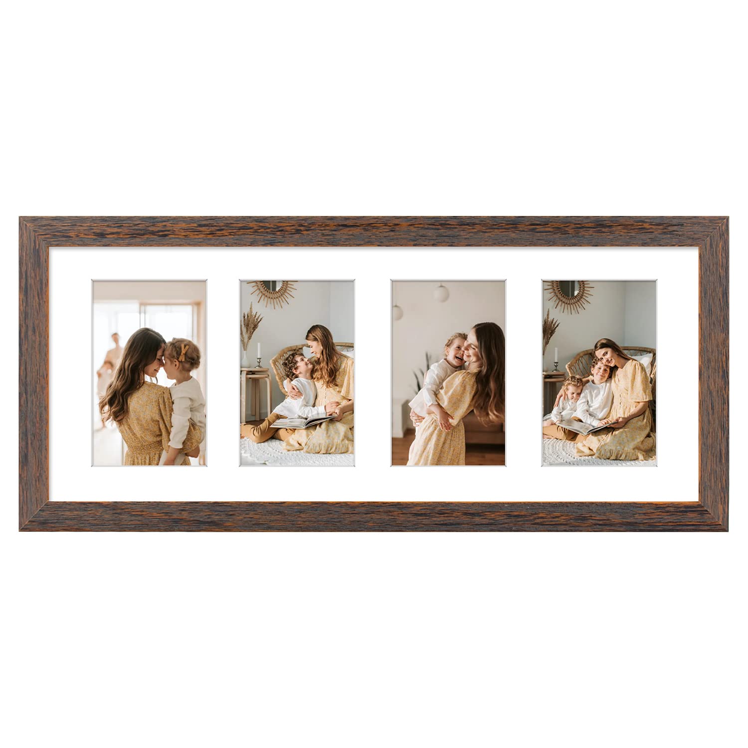 Golden State Art, 8x20 Picture Frame, Distressed Brown, Collage Frame Display Four 4x6 Photos, Horizontal or Vertical, HD Temper