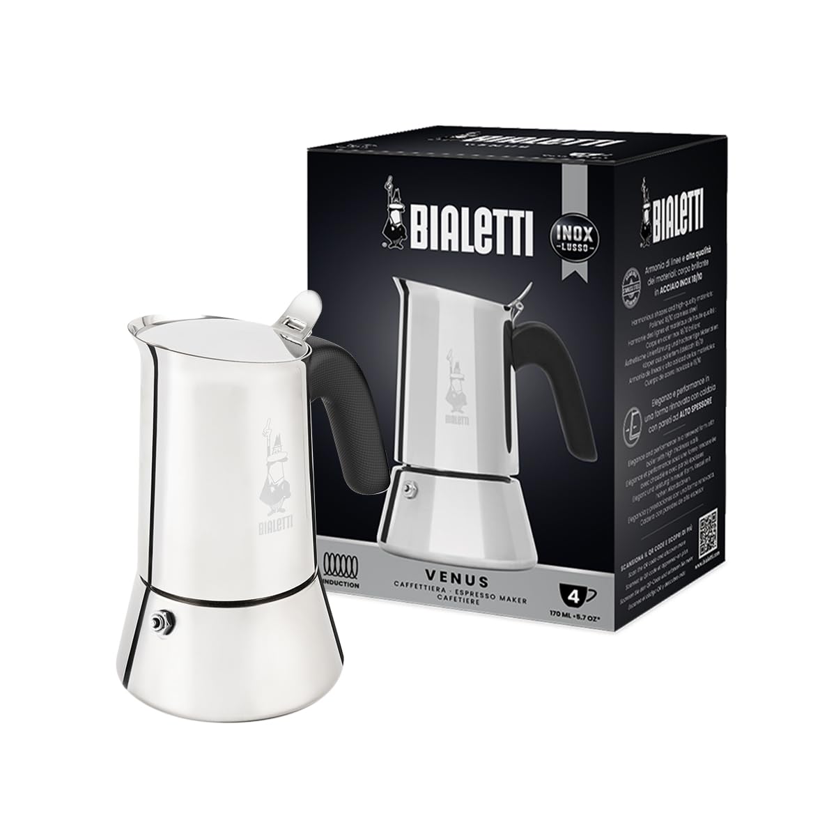 Bialetti - New Venus Induction  Stovetop coffee Maker  Suitable for all Types of Hobs  Stainless Steel  4 cups (57 Oz)  Silver