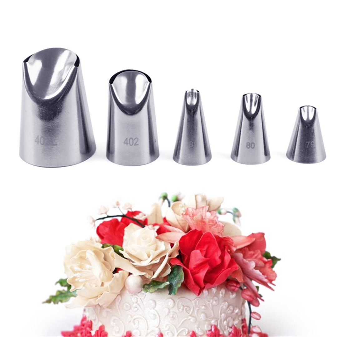 Fantasyday 5 Piece Stainless Steel Rose Flower Piping Tips Piping Nozzles Cake Decorating Supplies Cookies Cupcake Icing Decorat