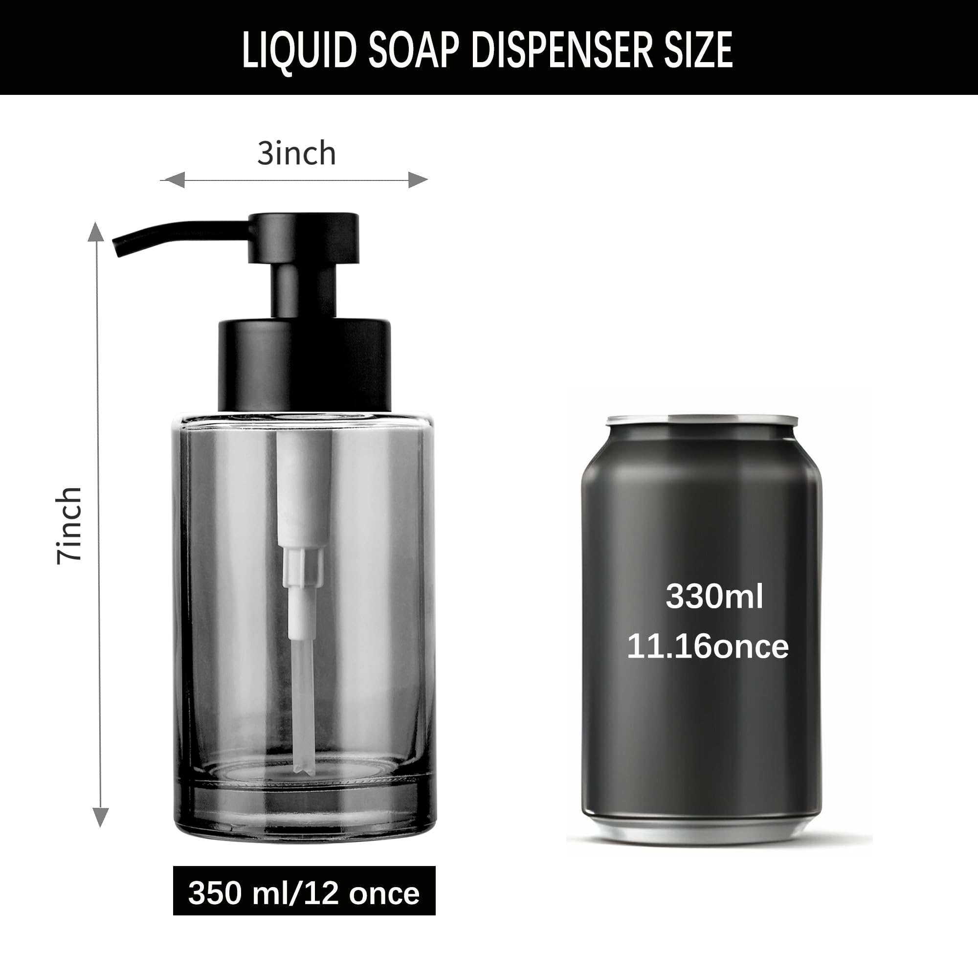 Enra Thick Glass Soap Dispenser With Stainless Steel Pump,12Oz Black Bathroom Hand Liquid Soap Dispensers,Dish Soap Dispenser,So