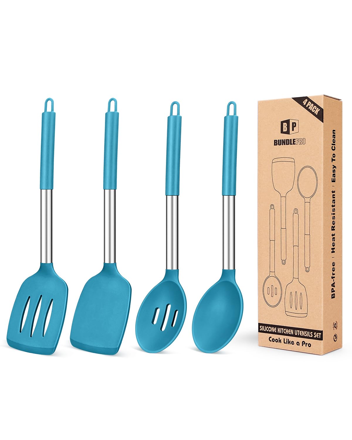 Pack of 4 Silicone Cooking Utensils Set, Non Stick Large Solid Spatulas, Heat Resistant Blue Slotted Spoons, Ideal BPA Free Kitc