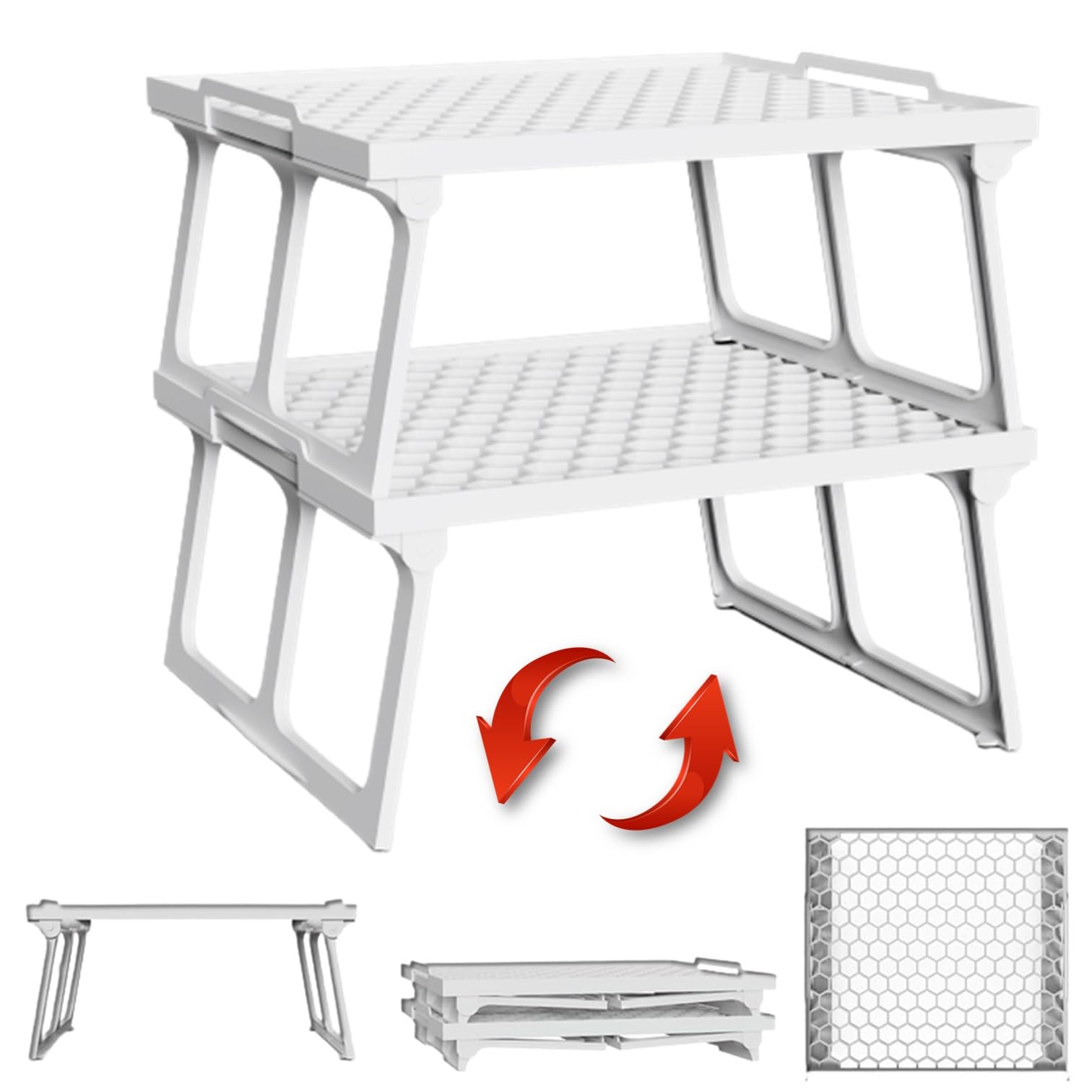 ums Plastic Kitchen Cabinet Shelf Organizer- White Plastic Stackable Freezer Rack, Usable Storage Rack for Your Spice, Refrigera