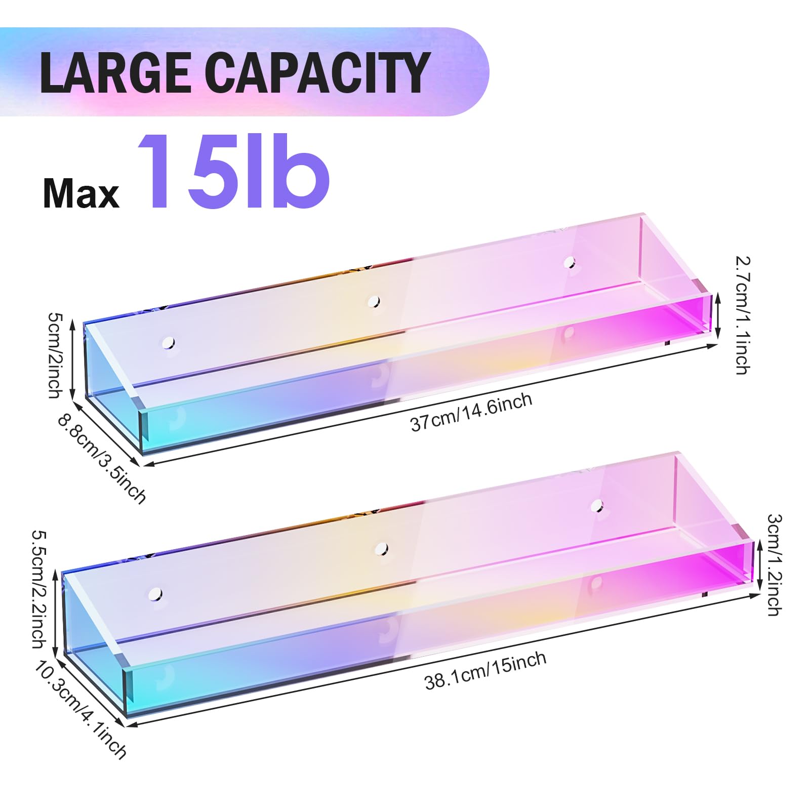 Bakzon 2 Pack Acrylic Shelves For Wall Storage, 15'' Floating Shelves, Kids Bookshelf, Nail Polish Holder, Perfume Display Shelf