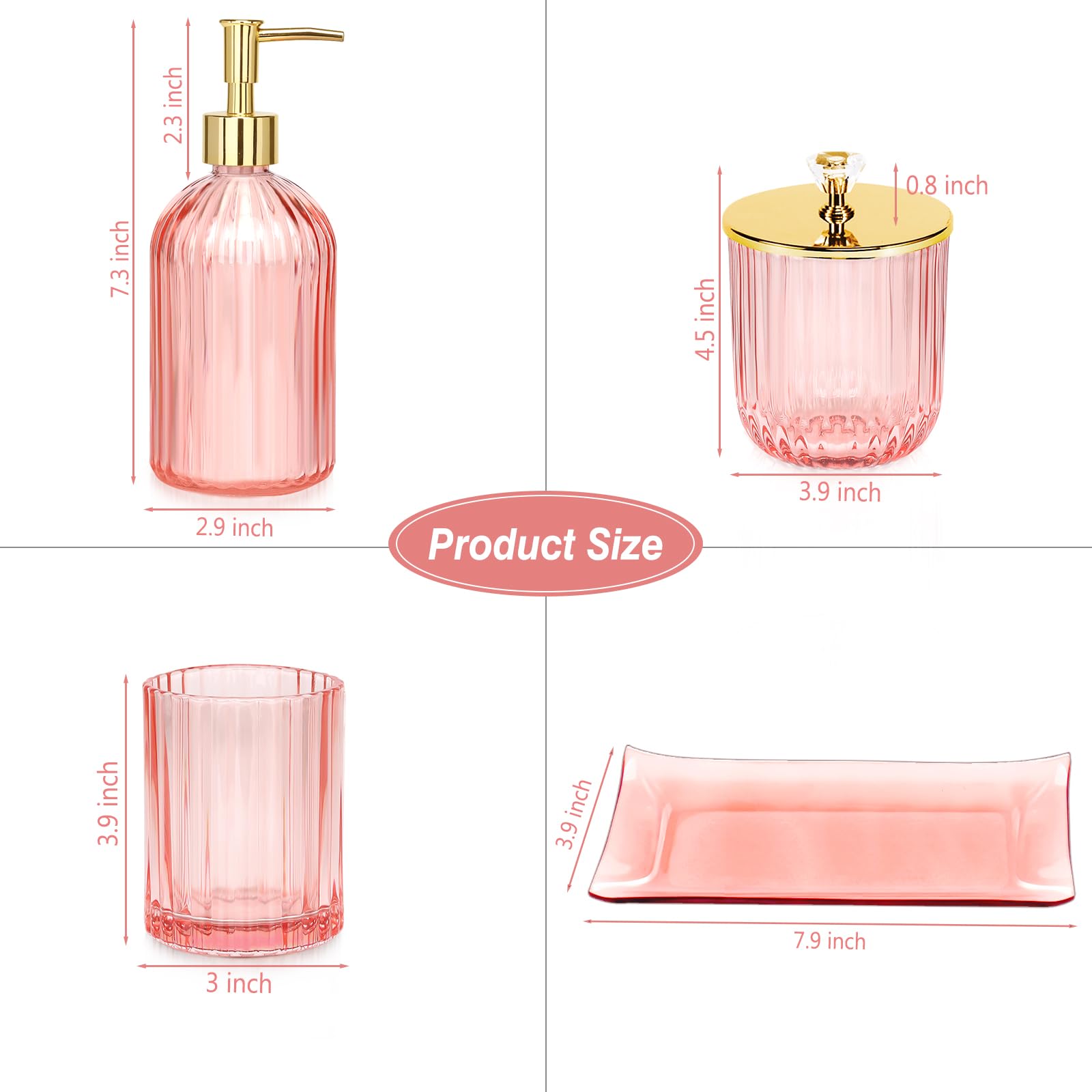 Jenseits Pink Bathroom Accessories Set, 4 Pcs Glass Bathroom Accessory Sets, Soap Dispenser, Toothbrush Holder, Qtip Holder, Van
