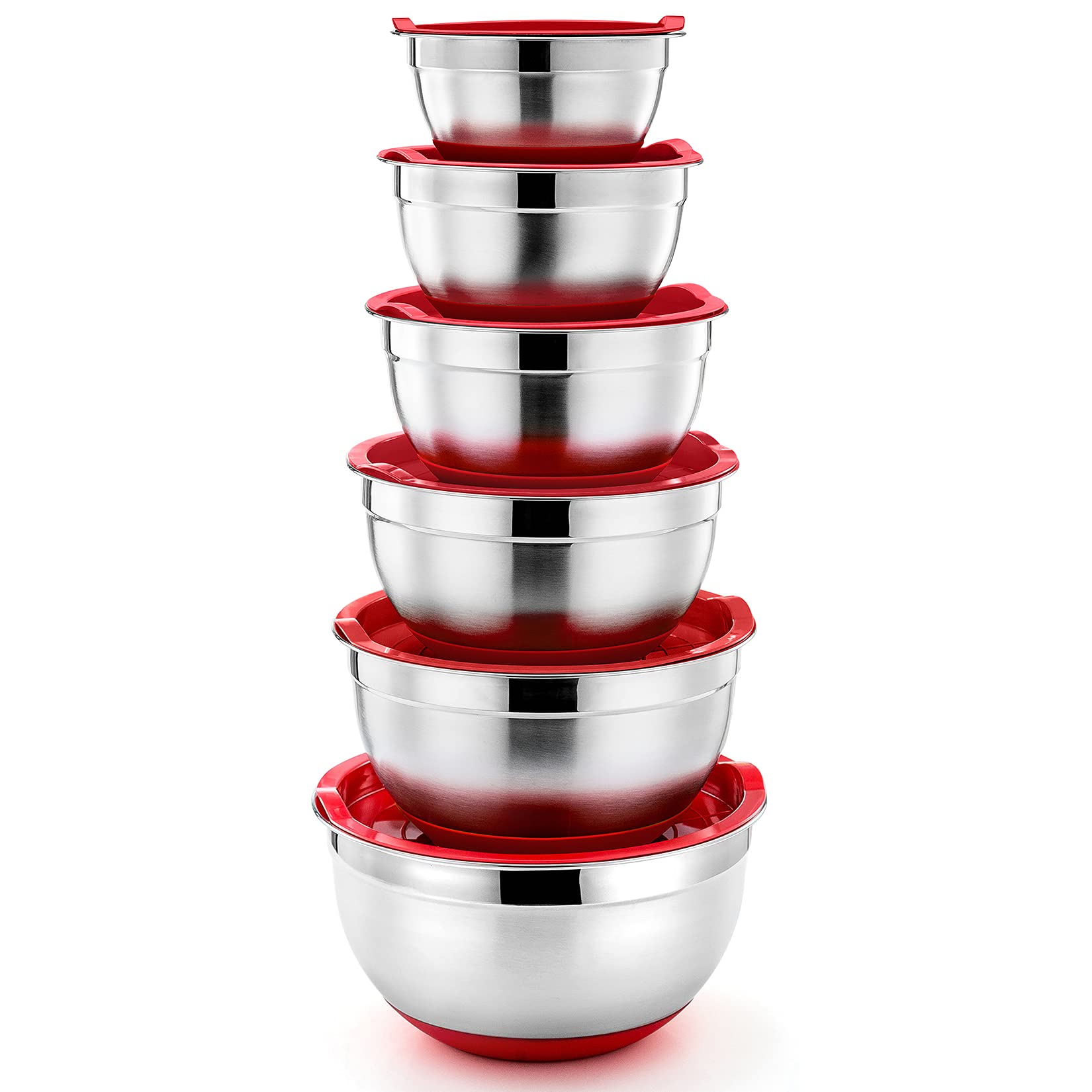 P&P Chef Red Mixing Bowls With Lid Set, Stainless Steel Nesting Salad Bowl And Tight Lid For Mixing & Serving & Perpping, Non-Sl