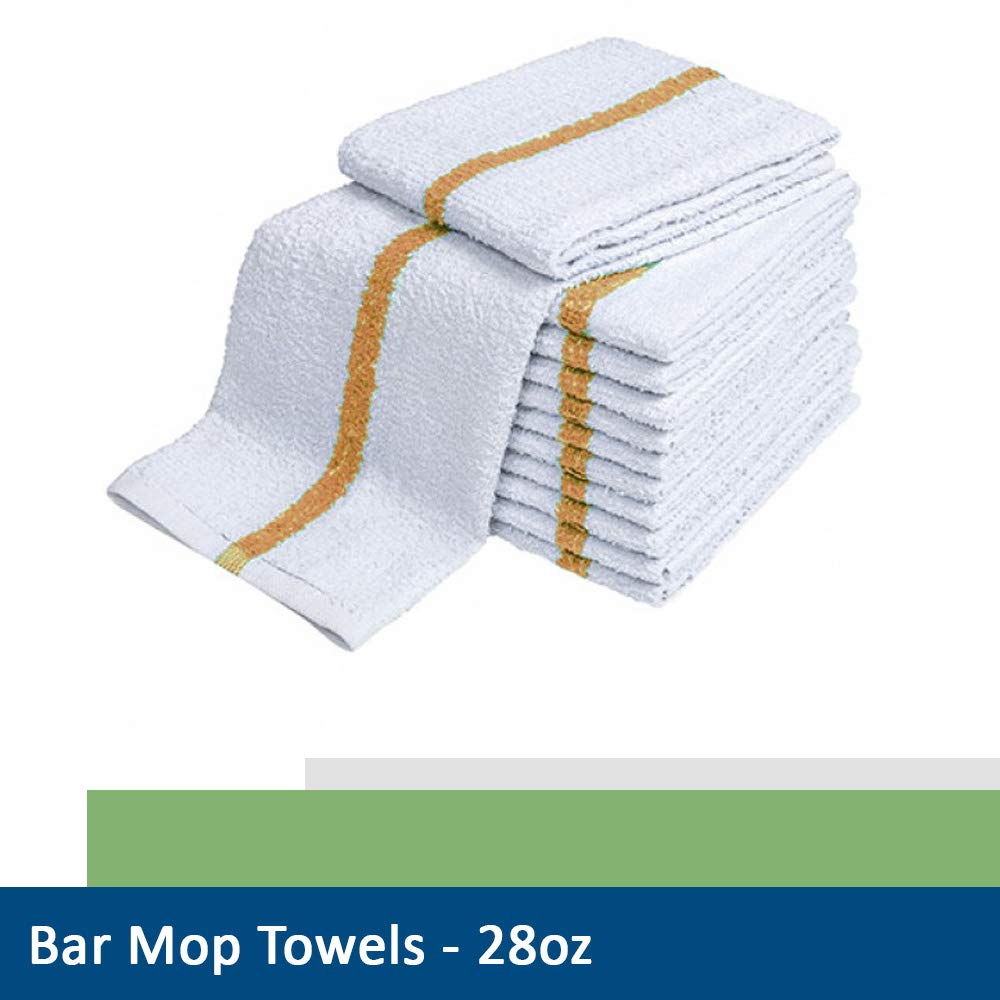 28Oz Bar Mop Towels 16X19, 100% Cotton, Commercial Grade Professional Kitchen/Restaurant Barmop Towels (Gold Stripe-48 Pack)