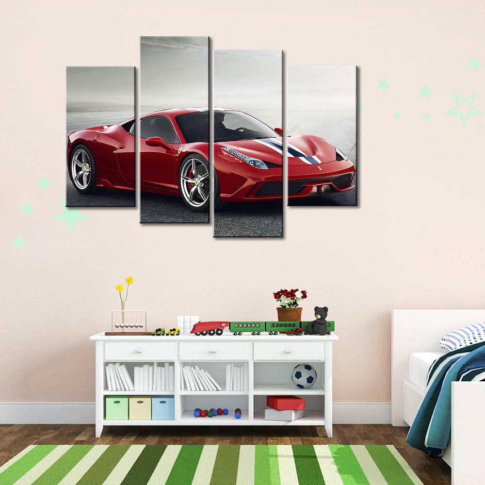 Meigan Art- 4 Pieces Red Sports Car Wall Art Picture Home Decoration Living Room Canvas Print Painting Wall Picture