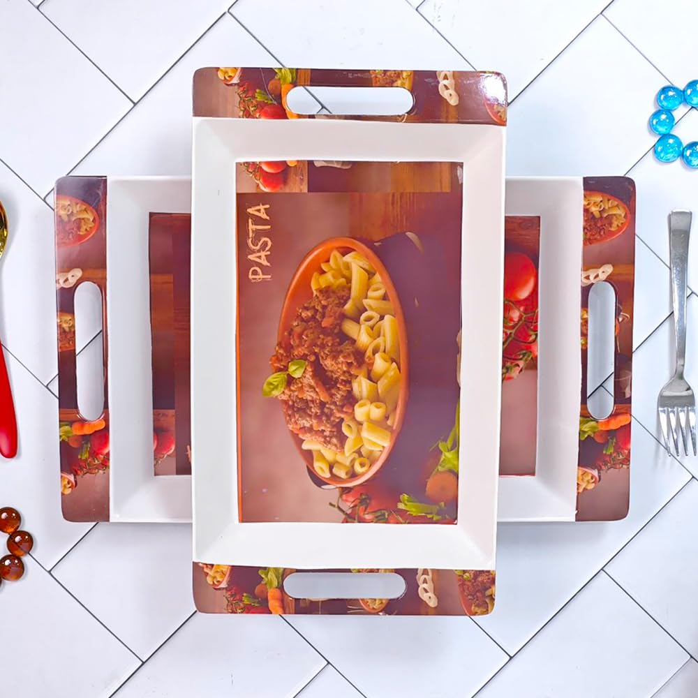 FEDOY Crystal Melamine Serving Tray, Set of 3 Villori Series (Multicolorcoloured, White | Small, Medium and Large Size Rectangul