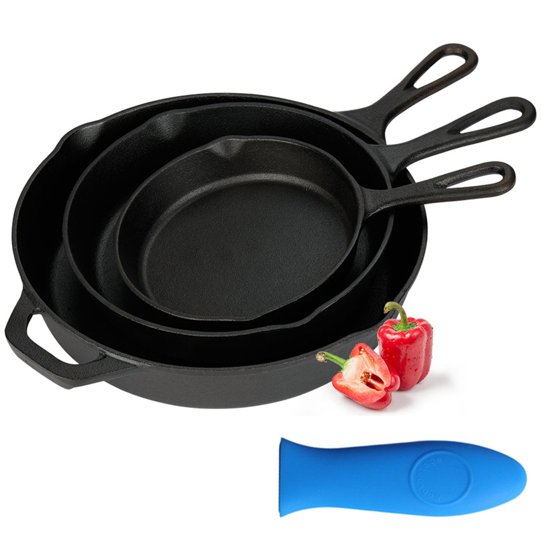 Kookantage Cast Iron Skillet Pre-Seasoned Cookware-6'', 8'', 10'' Pans 3 Piece Set Heavy Duty Professional Chef Tools With Silic