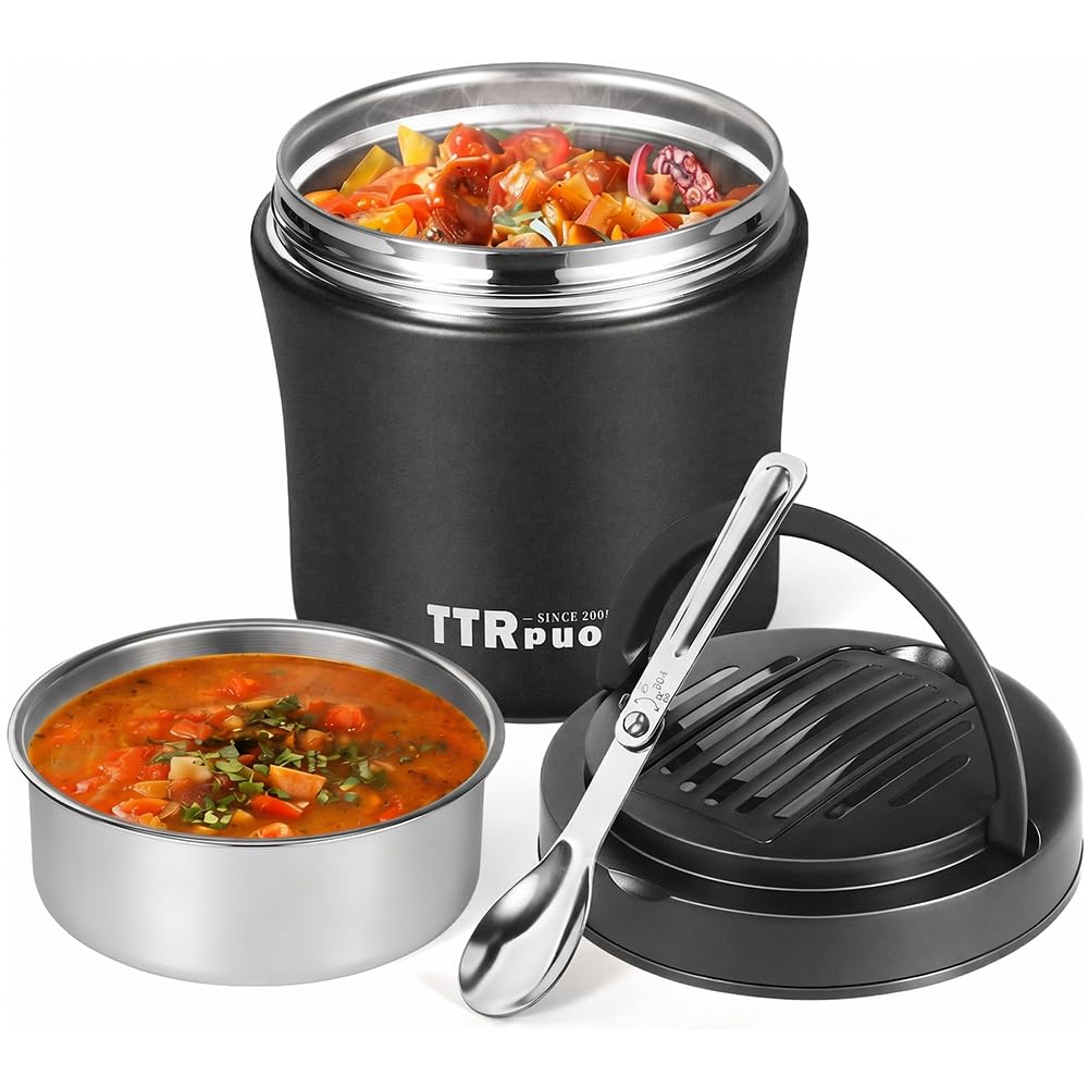 TTrpuon 40oz Insulated Food Jar for Adults,Stainless Steel Hot Meal Container with Folding Spoon, Leakproof Wide Mouth Lunch Con