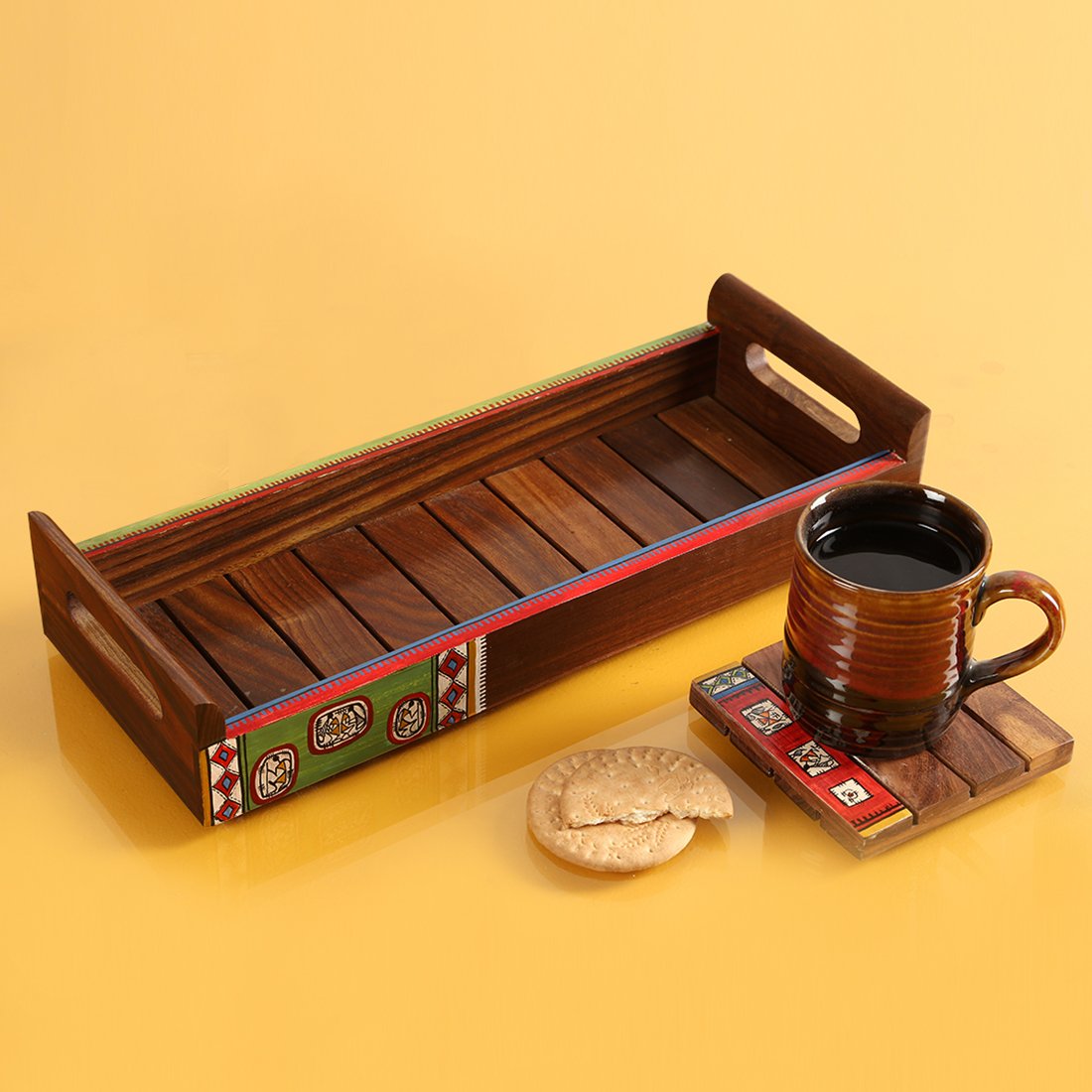Exclusivelane Warli Wooden Serving Tray For Snacks (Rectangular Shaped, Handpainted, Brown) | Wooden Tray Set For Serving Tray