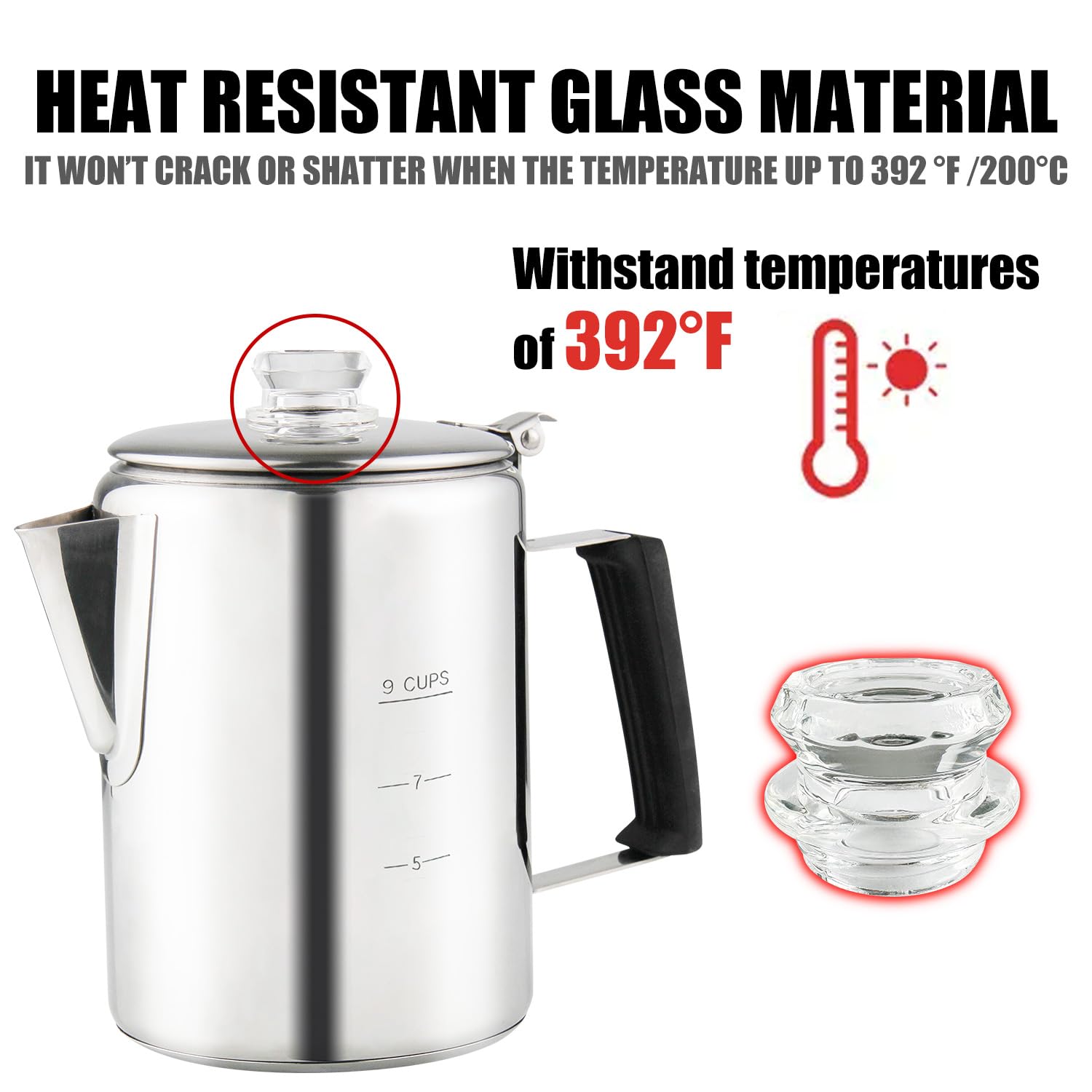 Apoxcon Multi Use Coffee Percolator With Heat Resistant Borosilicate Glass Knob & Antiflaming Silica Handle Stainless Steel Coff