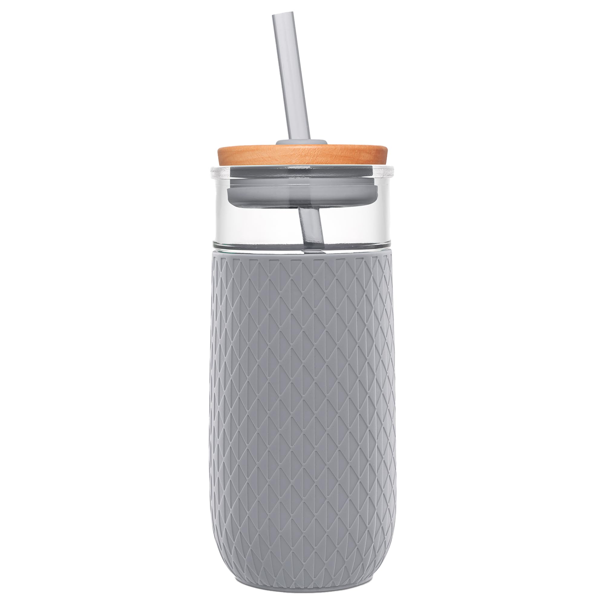 Ello Devon Glass Tumbler, Protective No Sweat Silicone Sleeve And Splash Proof Wooden Detail Lid With Straw, 18 Oz