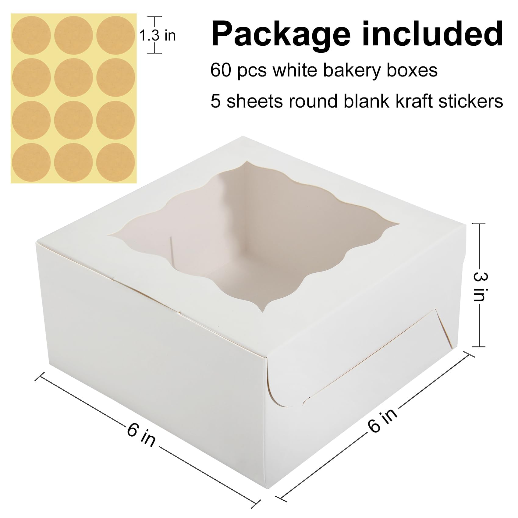 Hawhawtoys 60 Pcs Bakery Boxes With Window, 6 X 6 X 3 Inches, White Cookie Boxes Pastry Boxes For Baked Goods (White)