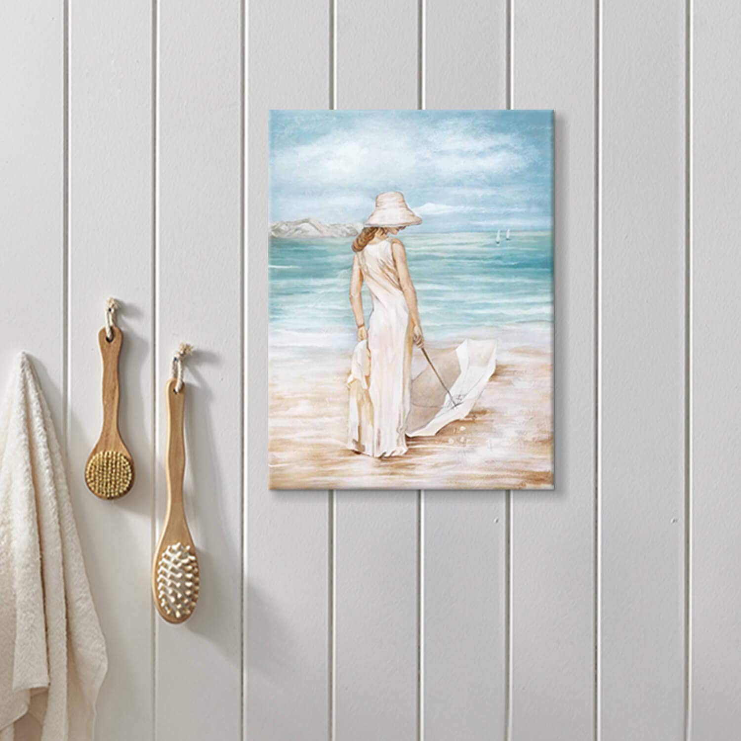 Abstract Beach Artwork Ocean Picture: Modern Women & Umbrella Sea Print Coastal Wall Art On Canvas For Bedroom (16    X 12    X1