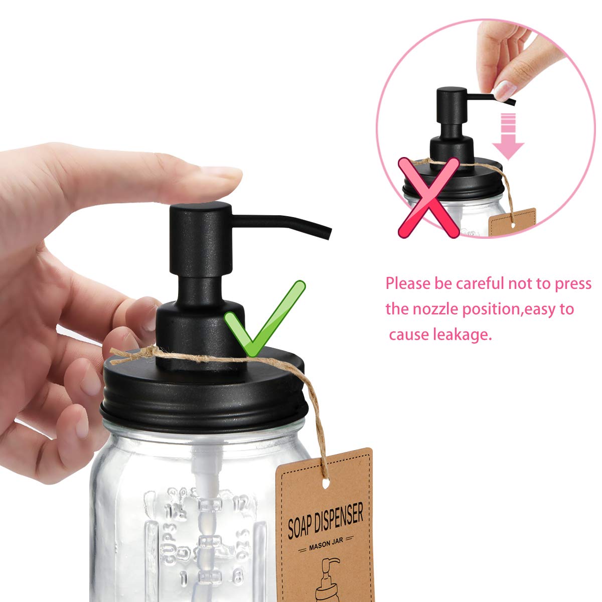 Amolliar Mason Jar Liquid Soap Dispenser -Rustproof Stainless Steel Replacement - Farmhouse Decor for Kitchen/Bathroom Liquid Soap Pumps for Hand Soap Dish Soap Lotions/Black-2 Pack
