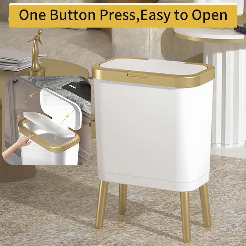 Procade Bathroom Trash Can With Lid, Plastic Garbage Can With Lid, 4 Gal Gold Trash Bin With Push Button, Narrow White Trash Can