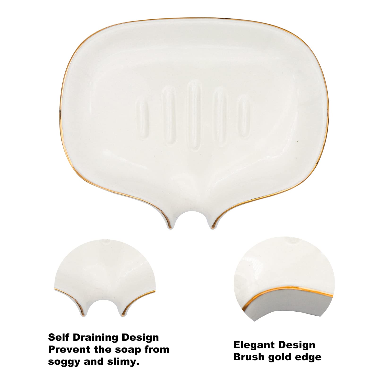 Polyroyal White Soap Dish Ceramic Self Draining Soap Dish Waterfall Slot Gold Edge Bathroom Accessories for Bathroom  Kitchen Bar Counter