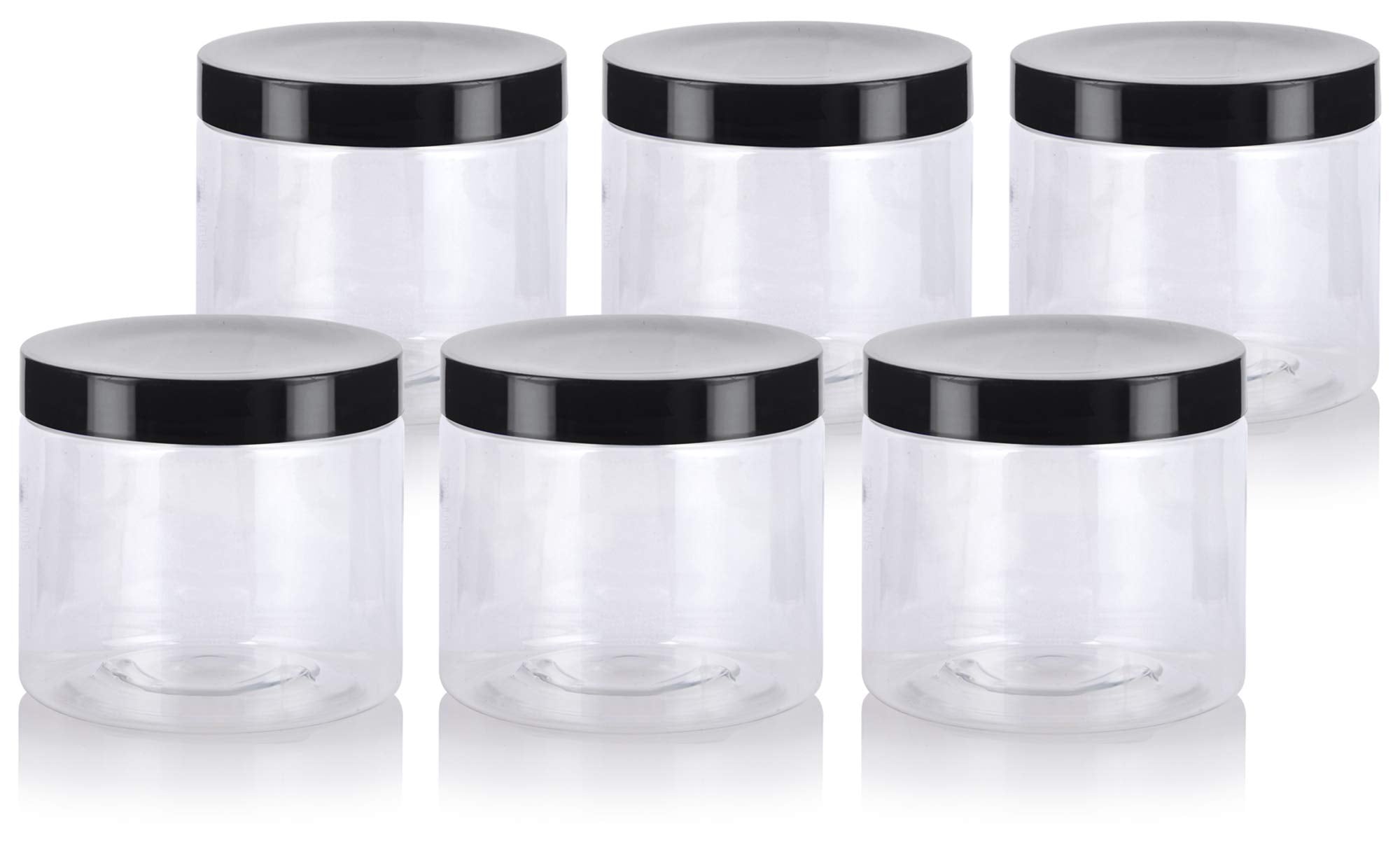 16 Oz Clear Pet Plastic (Bpa Free) Large Refillable Jar With Black Smooth Lids (6 Pack)