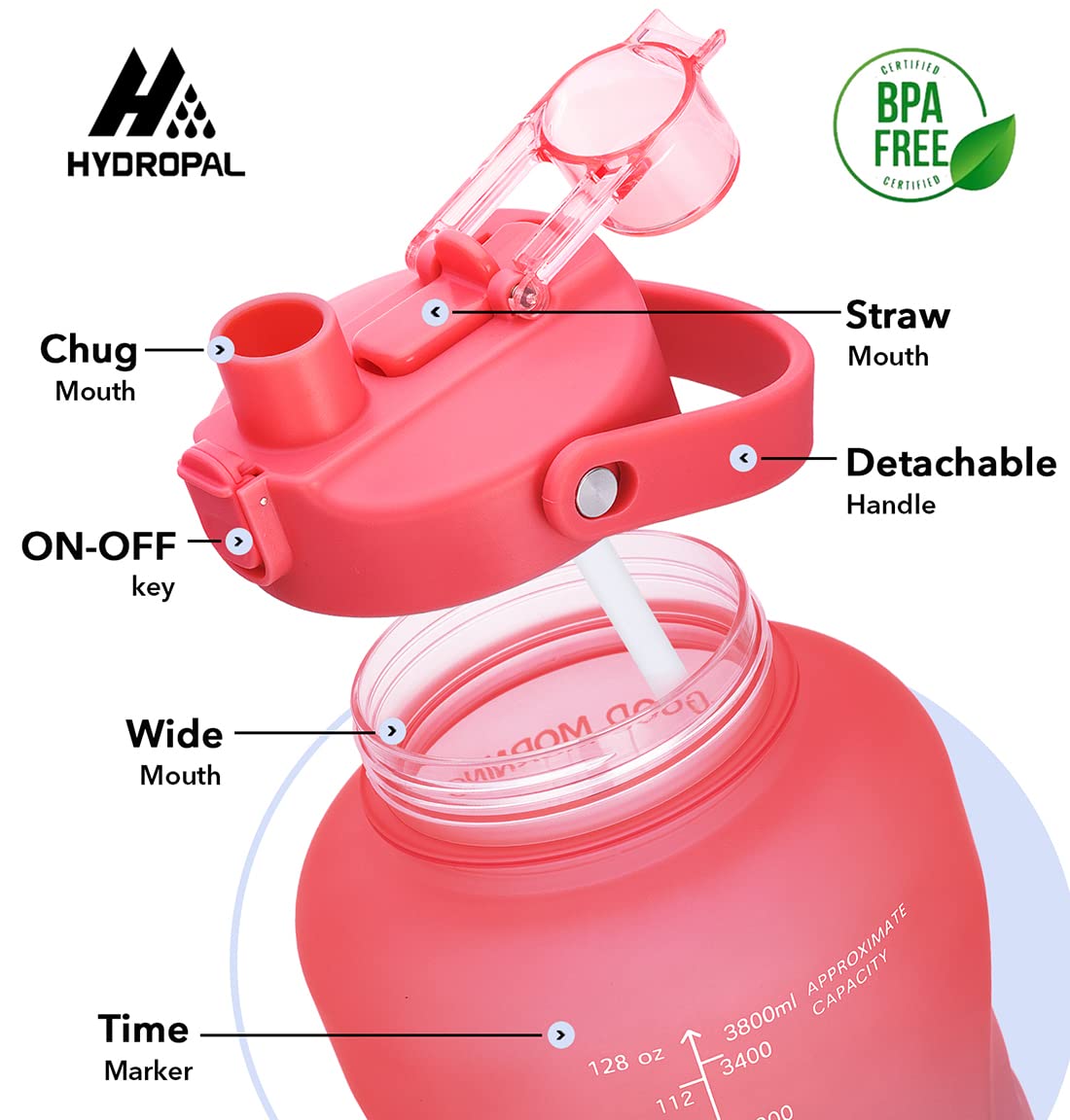 HydroPal Water Bottles with Straw  128 oz Gallon Water Bottle Water Jug BPA Free Leak-proof Sports Bottle with Times to Drink Perfect for Fitness Gym Camping Outdoor (128OZ Fabled Sunset)