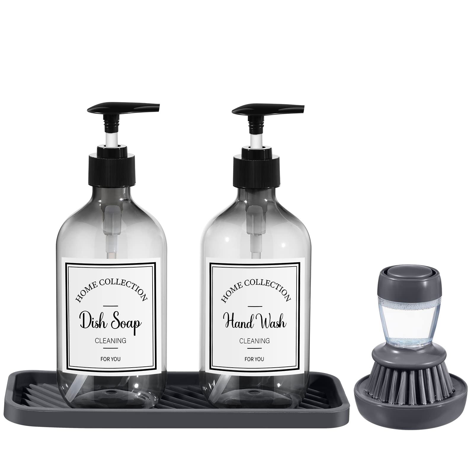 4 Pieces Kitchen Soap Dispenser Set Includes 16 Oz Plastic Dish Soap Hand Wash Dispenser With Silicone Tray And Labels, Dish Bru