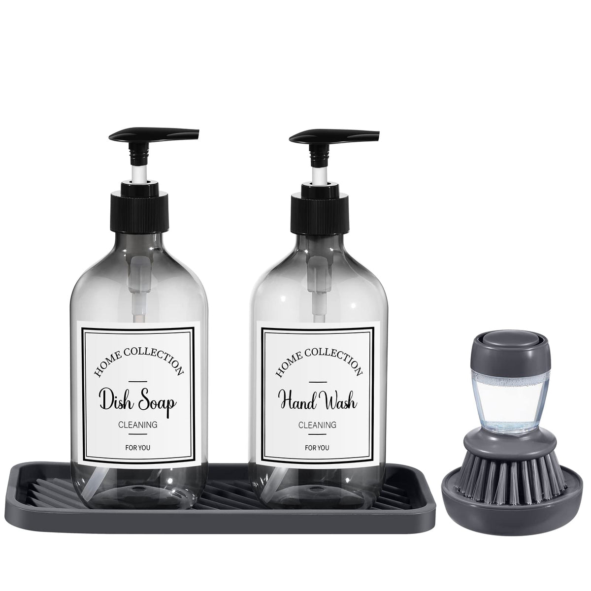4 Pieces Kitchen Soap Dispenser Set Includes 16 Oz Plastic Dish Soap Hand Wash Dispenser With Silicone Tray And Labels, Dish Bru