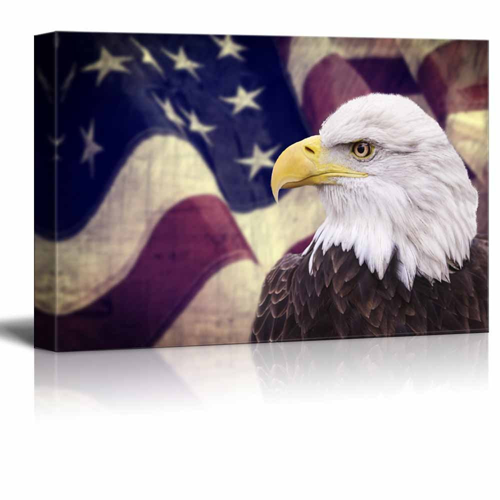 Wall26 Canvas Prints Wall Art - Bald Eagle With The American Flag |Patriotic Theme Modern Wall Decor/Home Art Stretched Gallery