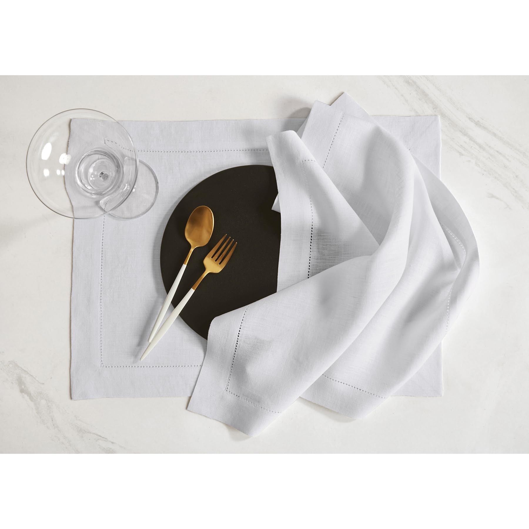 Solino Home Linen Placemats 19'' L X 14'' W Inch - 100% Pure Linen Prewashed White Cloth Placemats Set Of 6 - Sonoma Hemstitch,