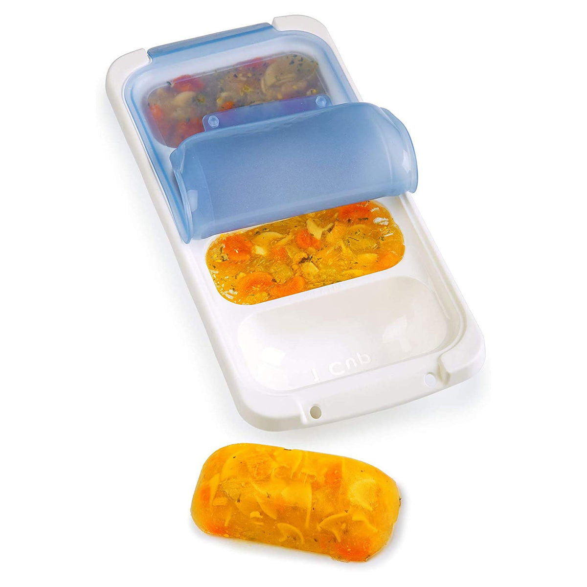 Prepworks Pks-725 Dishwasher Safe 1 Cup 4 Serving Leftover Soup & Food Storage Freezer Pod Tray With Silicone Lid, Blue & White