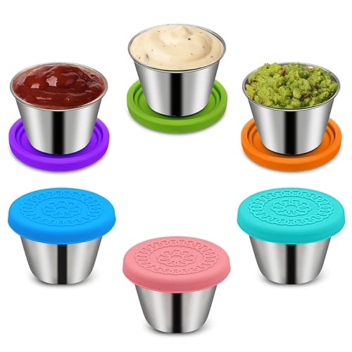 6Pack 2.4oz Small Condiment Containers with Lids  Salad Dressing Container To Go  Stainless Steel Sauce Silicone Leakproof  Reusable  Dipping Cups Lids