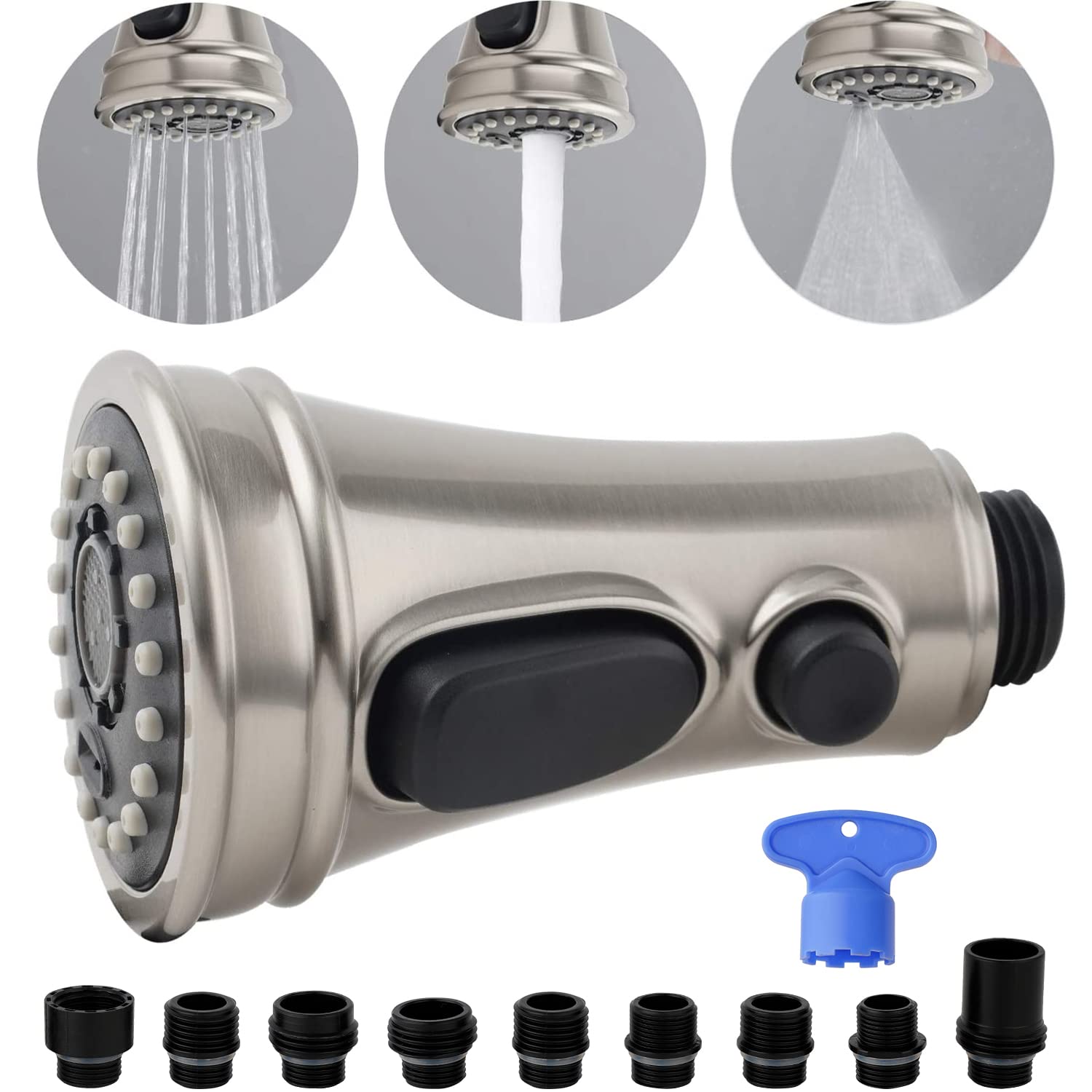 Pull Down Spray Head 3 Modes For Kitchen Faucet, Kitchen Sink Faucet Sprayer Nozzle Replacement Part With 9 Adapters, Kitchen Fa