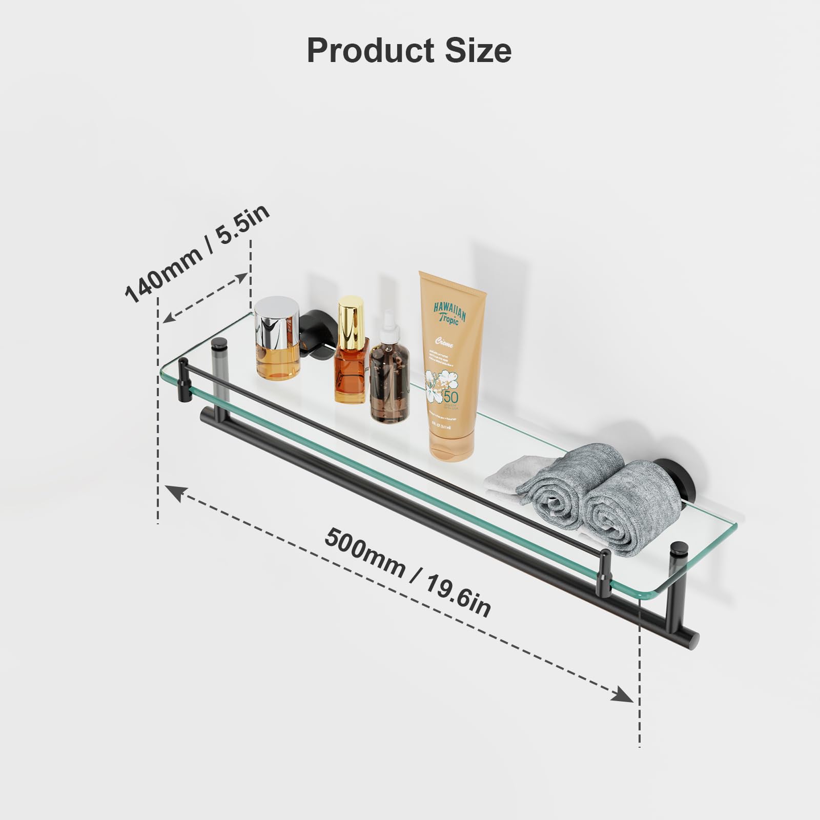 Kocok Bathroom Glass Shelf With Towel Bar,20-Inch Black Floating Glass Bathroom Shelves With Towel Rack Stainless Steel Tempered