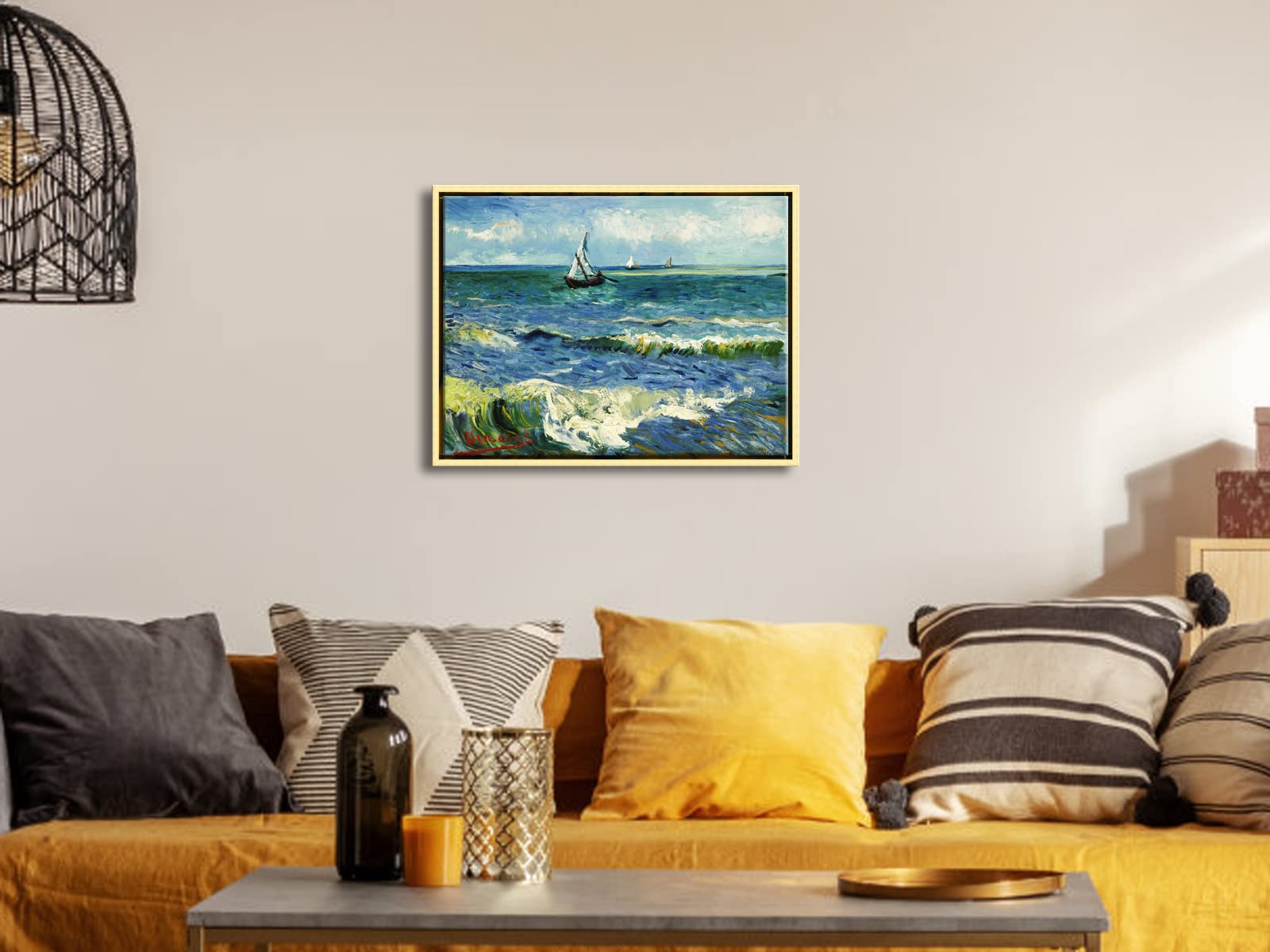 Wieco Art Framed Canvas Wall Art Seascape At Saintes Maries By Vincent Van Gogh Modern Canvas Prints Sea Pictures On Canvas Art