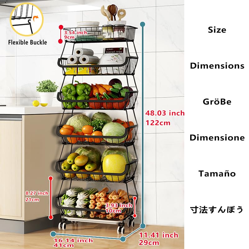 Carolyndesign Kitchen Storage Baskets Black Iron Wire Storage Bins With Wheels And Feet, Stackable Vegetable Storage Baskets (6-