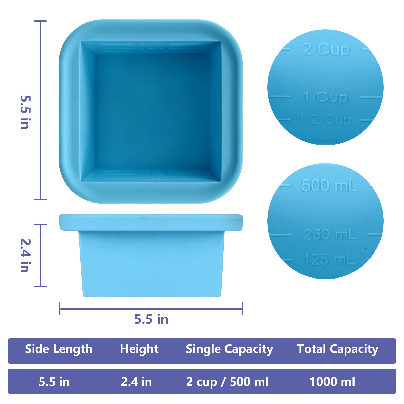 Kinggrand Kitchen 2 Cup Silicone Freezer Trays With Lid 2 Pack Silicone Freezer Molds Make 2 Perfect Soups, Broths, Stews, Sauce