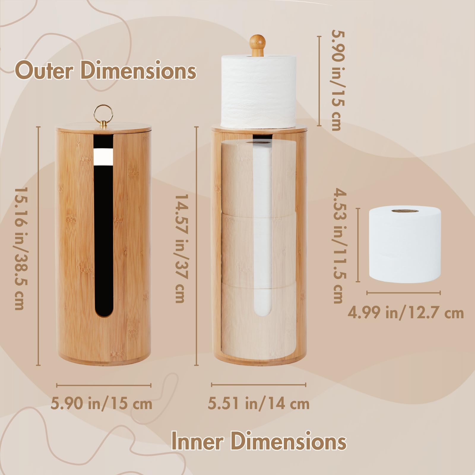 Gobam Bamboo Toilet Paper Storage with Dual-Use Lid, Freestanding Bathroom Tissue Organizer with Viewing Slot, Built-In Handle,